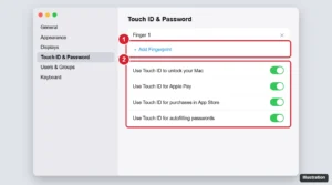 Mac System Settings Touch ID and Password pane with Add Fingerprint and the unlock options highlighted