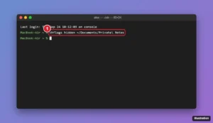 Mac Terminal window showing the chflags hidden command followed by a folder path