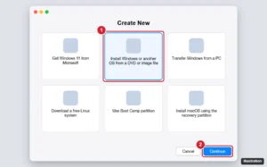 Mac virtual machine installation assistant with Install Windows or another OS from a DVD or image file highlighted
