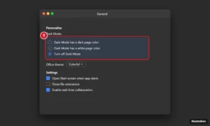 Mac word processor General settings with the Personalize section showing options to turn off dark mode and set a white page color