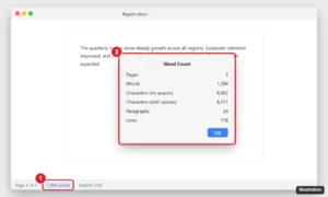 Mac word processor with the word count shown in the status bar and the Word Count dialog listing words, characters, paragraphs and lines