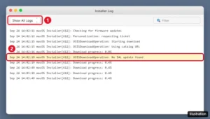 macOS Installer Log window with the OSISDownloadOperation No IAL update found line highlighted