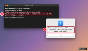 macOS alert saying the Install macOS Monterey application is damaged, with Terminal showing the softwareupdate command to download a fresh installer