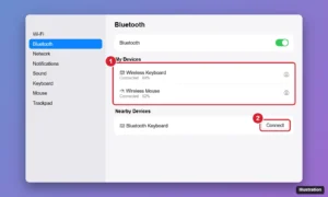 macOS System Settings Bluetooth page showing a wireless keyboard and mouse connected and a nearby device with a Connect button