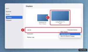 macOS System Settings Displays pane with the MacBook Air and a TV shown, and the Use as menu set to mirror or extended display