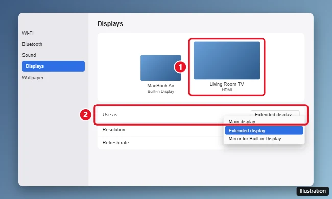 How to Connect a MacBook Air to a TV With HDMI 1 macOS System Settings Displays pane with the MacBook Air and a TV shown, and the Use as menu set to mirror or extended display