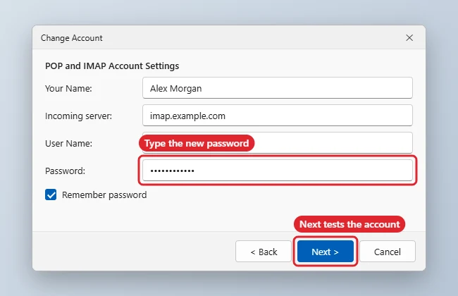How to Change Your Email Password in Outlook 2013 1 Change Account dialog with the Password field and Remember password ticked