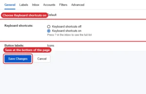 Mail settings General tab with Keyboard shortcuts on selected and Save Changes