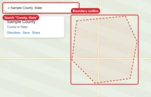 Map app showing a county searched by name with its boundary outlined by a dashed red line