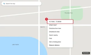 Online map with a right-click menu open on a location, showing its latitude and longitude coordinates at the top of the menu