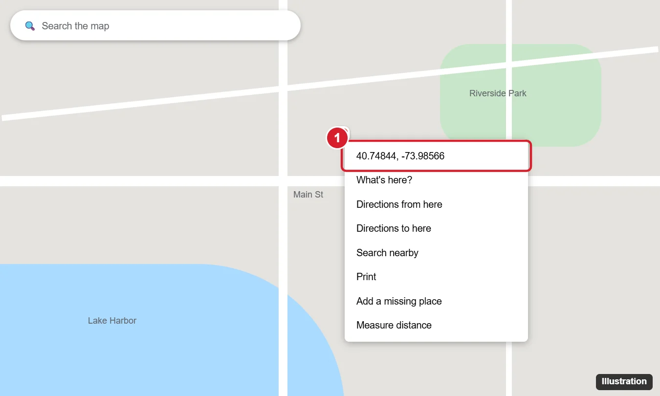 How to Find (and Enter) Coordinates on Google Maps 1 Online map with a right-click menu open on a location, showing its latitude and longitude coordinates at the top of the menu