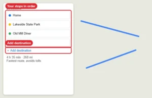 Map directions panel with several stops listed and an Add destination button