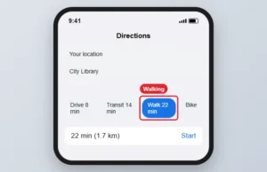 Maps app directions screen with the walking travel mode highlighted
