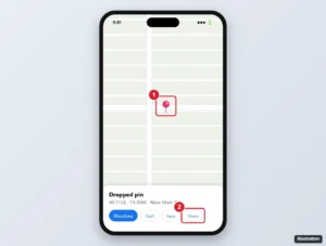 Maps app with a dropped pin and the place card Share button highlighted