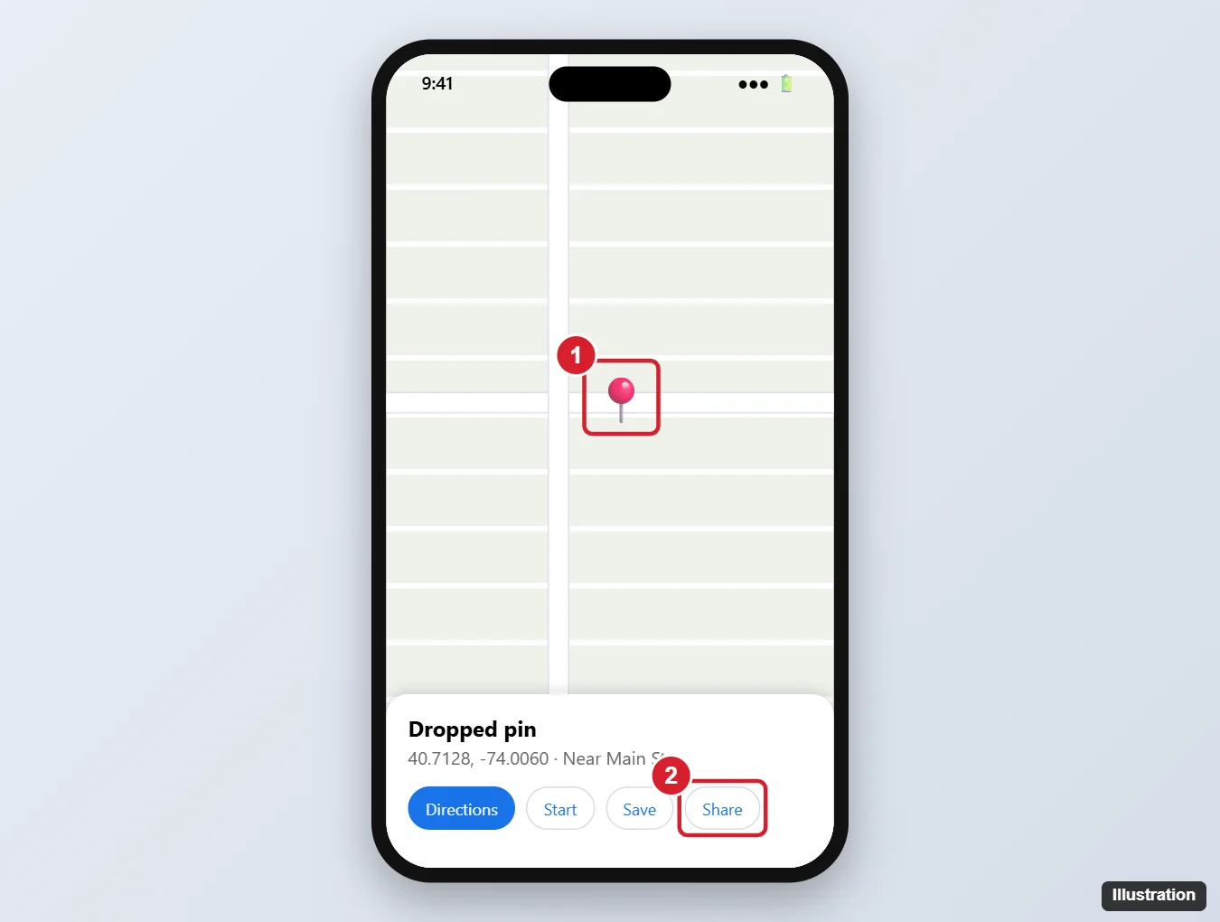 How to Share a Pin on Google Maps: A Step-by-Step Guide 1 Maps app with a dropped pin and the place card Share button highlighted