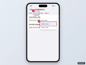 Maps app Contributions Reviews list with a review more menu open and Delete review highlighted