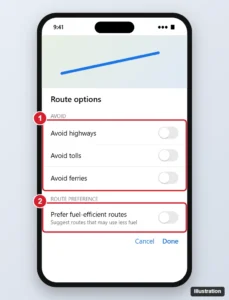 Maps app route options screen with avoid options and Prefer fuel-efficient routes toggle highlighted