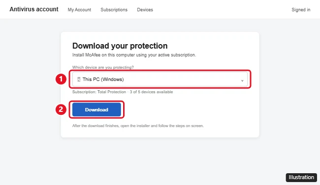 How to Install McAfee on Windows 10 1 McAfee account download page with This PC selected and the Download button highlighted