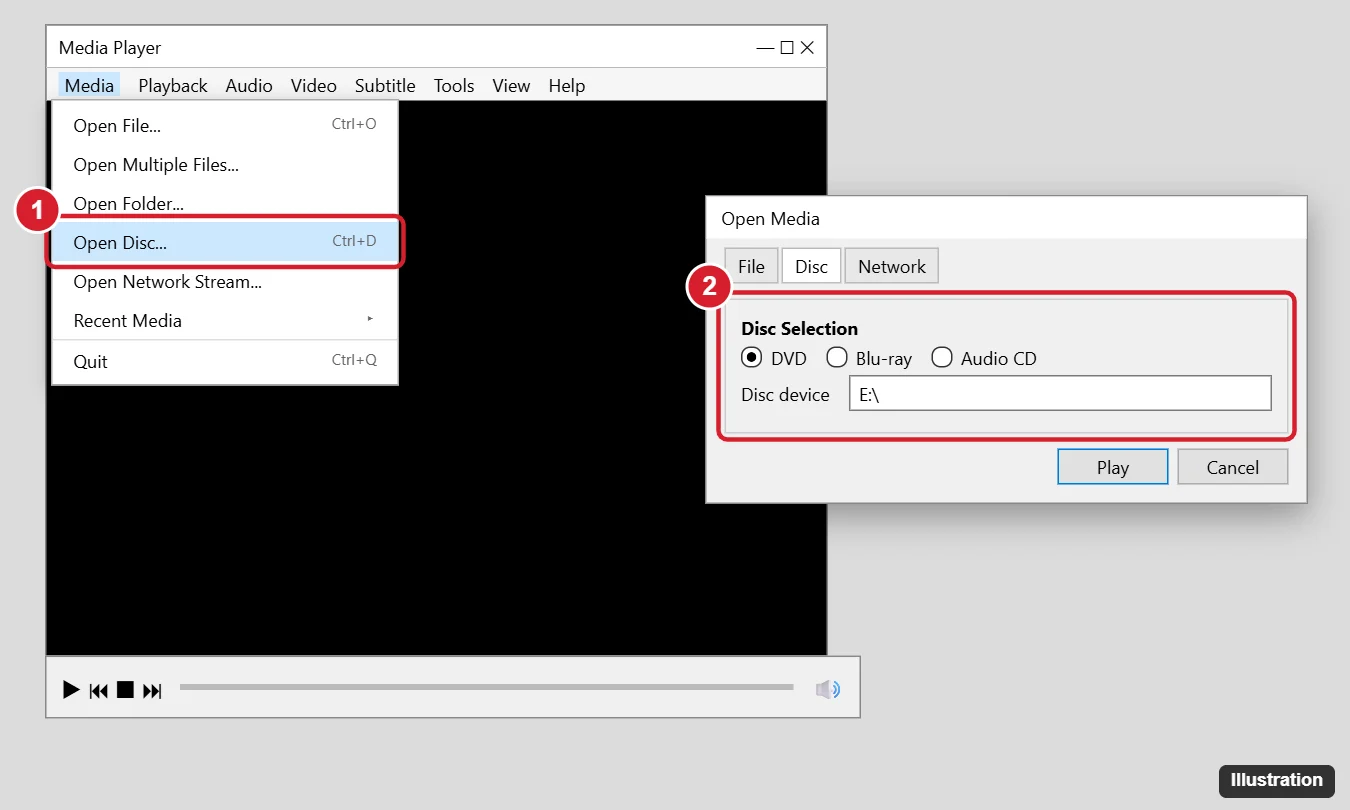 How to Play a DVD on Windows 10 (Free and Paid Options) 1 Free media player on Windows with the Media menu open and Open Disc highlighted, and the disc dialog set to DVD with the drive selected