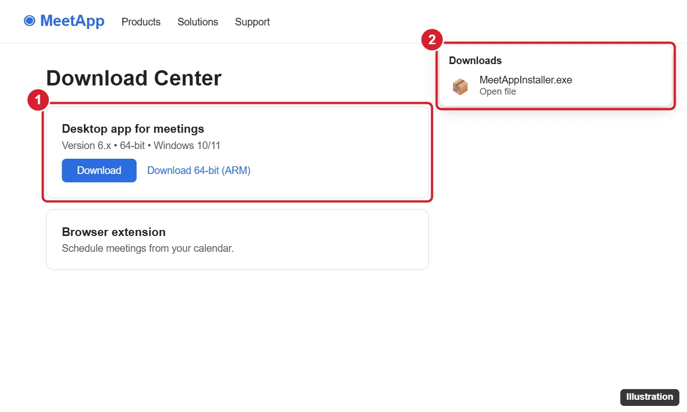 How to Install Zoom on Windows 11 1 Meeting app download center web page with the desktop app for Windows and its Download button highlighted, and the installer file shown in the browser downloads panel