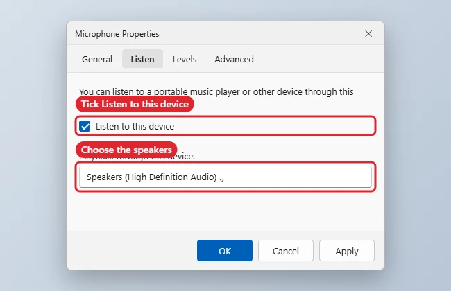 Microphone Properties Listen tab with Listen to this device ticked and playback set to speakers