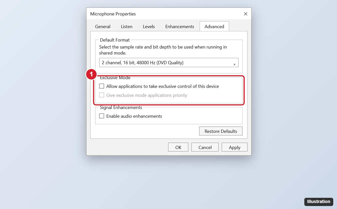 Microphone Properties dialog on the Advanced tab with Allow applications to take exclusive control of this device unchecked and highlighted under Exclusive Mode