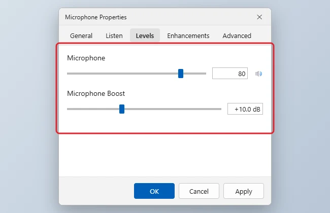 How to Turn Up Mic Volume in Windows 10 1 Microphone Properties dialog on the Levels tab with the Microphone volume slider and Microphone Boost slider highlighted