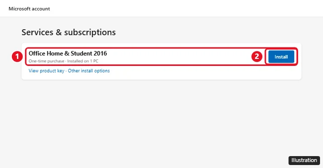 How to Install Office 2016 on Windows 11 (and Why You Might Not Want To) 1 Microsoft account Services and subscriptions page with Office Home and Student 2016 and its Install button highlighted