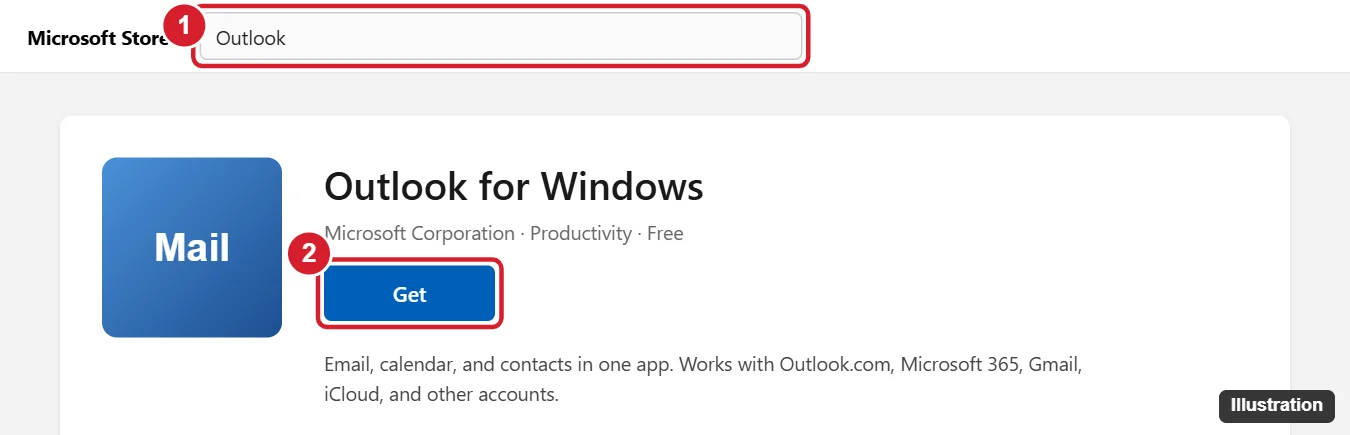 How to Install Outlook on Windows 11 1 Microsoft Store listing for Outlook for Windows with the Get button highlighted