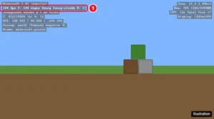 Minecraft Java Edition style F3 debug screen over a game scene with the FPS counter in the top-left highlighted