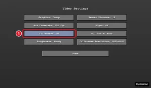 Minecraft Java Edition style Video Settings menu with the Fullscreen option set to ON highlighted