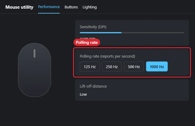 How to Change Mouse Polling Rate in Windows 10 1 Mouse configuration software with the polling rate setting open showing 125, 500 and 1000 Hz options