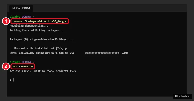 MSYS2 UCRT64 terminal installing GCC with pacman and a Windows Terminal showing gcc --version