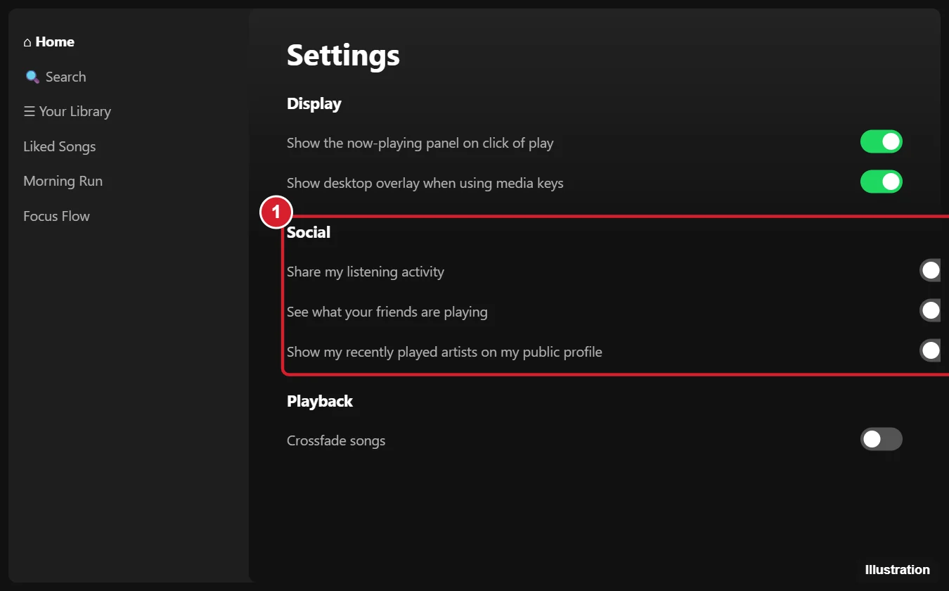 How to Hide Friend Activity in the Spotify Desktop App 1 Desktop music streaming app settings with the Social section showing Share my listening activity switched off and See what your friends are playing switched off