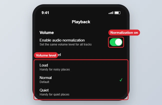 How to Change the Spotify Volume Level on iPhone 1 Music streaming app Playback settings on iPhone with audio normalization on and Volume level options Loud, Normal and Quiet