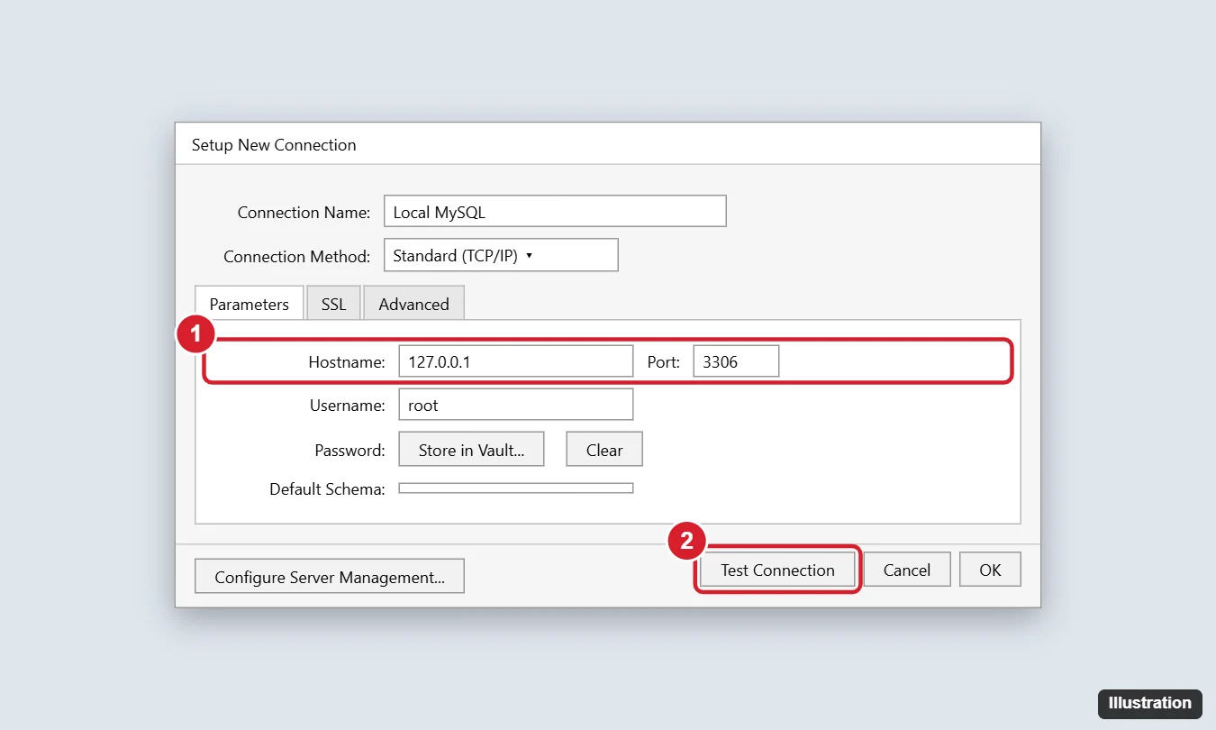 How to Connect MySQL Workbench to Localhost (and Fix Errors) 1 MySQL Workbench Setup New Connection dialog with Hostname 127.0.0.1, Port 3306, Username root, and the Test Connection button highlighted