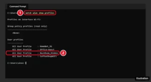 Command Prompt showing netsh wlan show profiles and a saved hidden network name