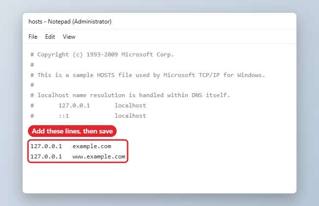 Notepad editing the hosts file with lines that block a website highlighted