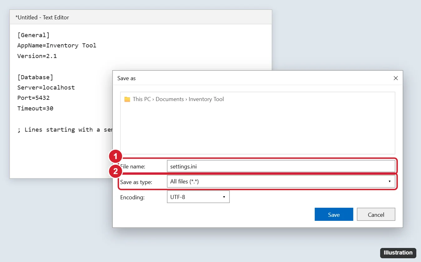 Text editor Save As dialog with the file name set to settings.ini and Save as type set to All files highlighted, behind it INI sections and keys