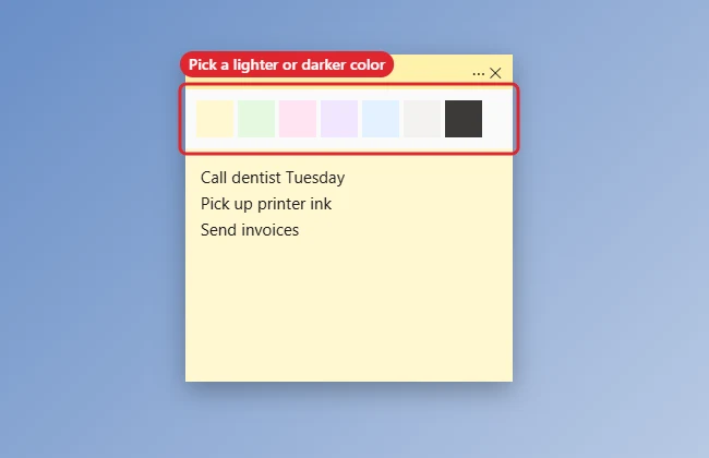 Can You Make Sticky Notes Transparent in Windows 10? 1 Desktop note with its menu open showing color choices including dark Charcoal