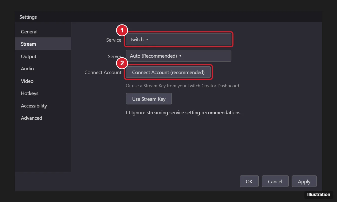 OBS Studio Settings Stream page with Service set to Twitch and the Connect Account button highlighted