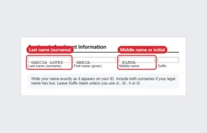 Official form with separate fields for last name, first name and middle name, plus a note about initials and suffixes