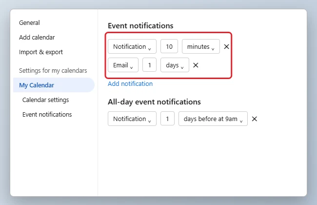 How to Change the Default Notification Time in Google Calendar 1 Online calendar settings page with the default Event notifications set to Notification 10 minutes highlighted