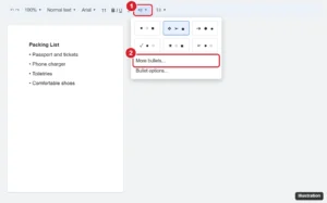 Online document toolbar with the bulleted list dropdown open showing bullet style presets and More bullets highlighted