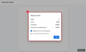 Online document editor with the Word count dialog showing pages, words, characters and the Display word count while typing option checked