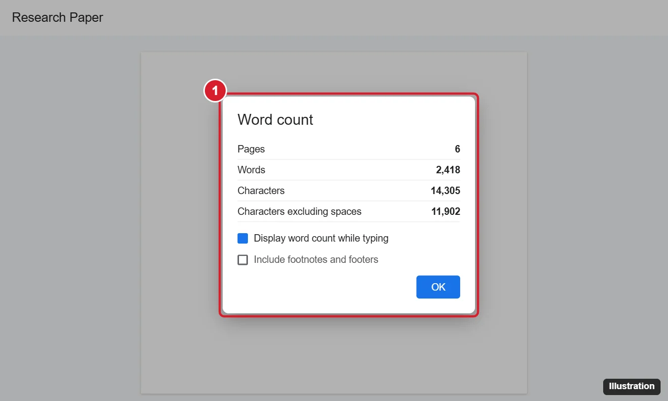 Online document editor with the Word count dialog showing pages, words, characters and the Display word count while typing option checked