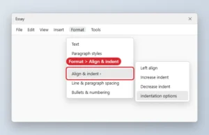 Online document editor Format menu with Align and indent highlighted