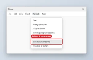 Online document editor Format menu with Bullets and numbering highlighted