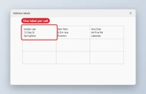 Online document with a three-column table laid out as a label sheet, one label cell highlighted