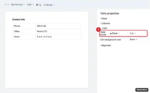 Online document with a table and the Table properties panel open, the Color section table border width set to 0 pt highlighted